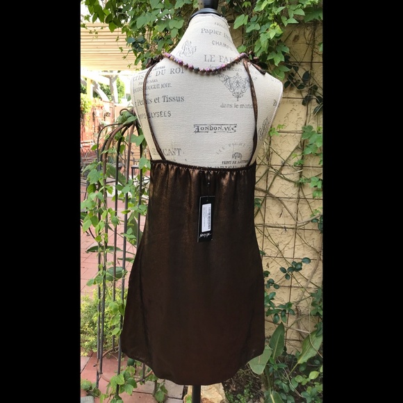 Nasty Gal Bronze Metallic Lamé Tie Strap Cowl Neck Mini Dress USA Size 8 - Picture 3 of 7